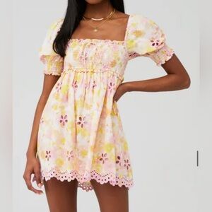 For Love and Lemons pink and yellow flower mini dress. Puff sleeves
